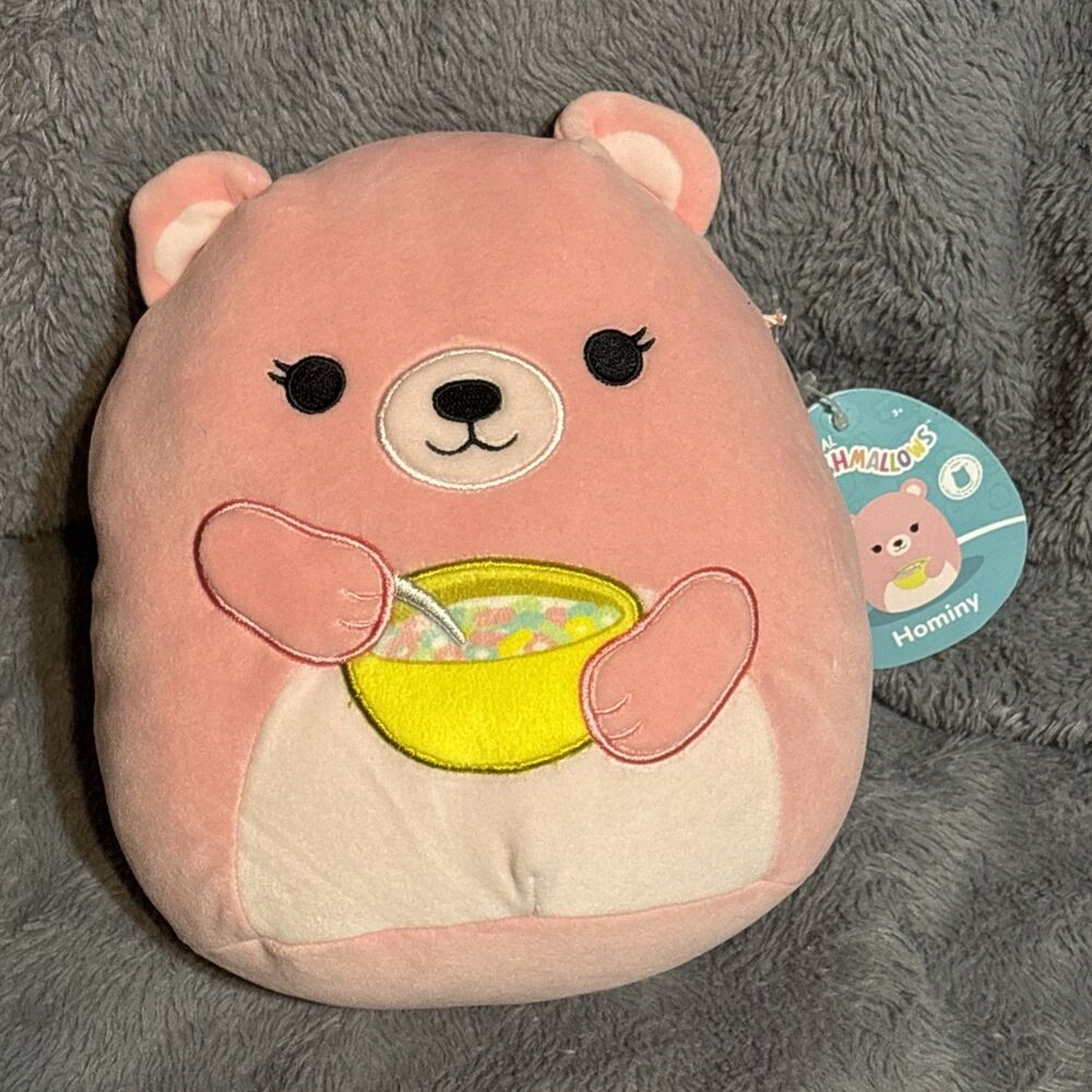 Squishmallows Hominy Plush 9" Soft Pink Ear With Cereal Bowl 2024 NWT Plushie